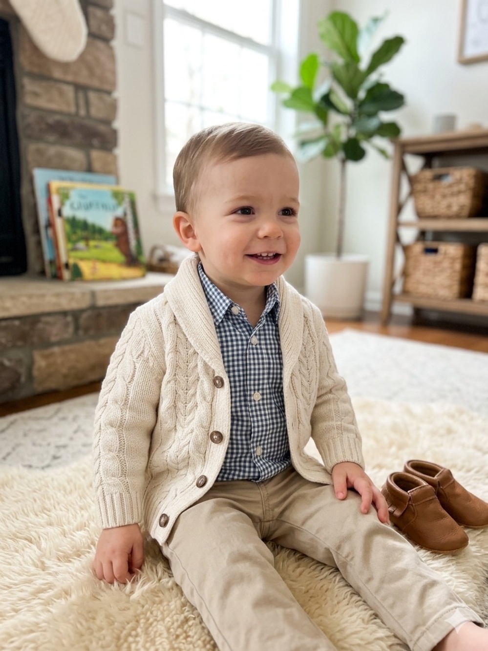 Baby Boy OshKosh B'Gosh Cream Cable Knit Shawl Collar Cardigan Sweater 38.00